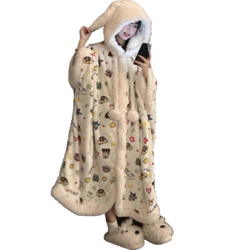 Women's Crayon Shin-chan Coral Fleece Hooded Robe - Velvet, Thick, Long Cape Pajamas, Cozy Loungewear