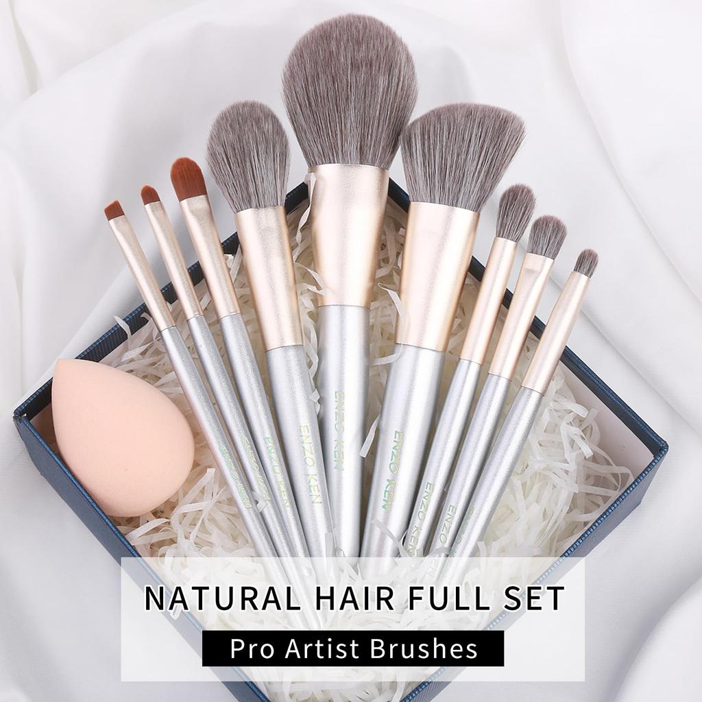 Natural Gray Squirrel Hair Makeup Brush Set by ENZO Professional Makeup Brush Set with Unique Face and Eyeshadow Beauty Brush Set with Gold Contour