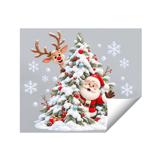Waterproof PVC Christmas Ornaments Xmas Tree Santa Window Sticker, Static Cling Snowy Elk Decal Decal, Removable for Glass Doors Windows Claus Pattern