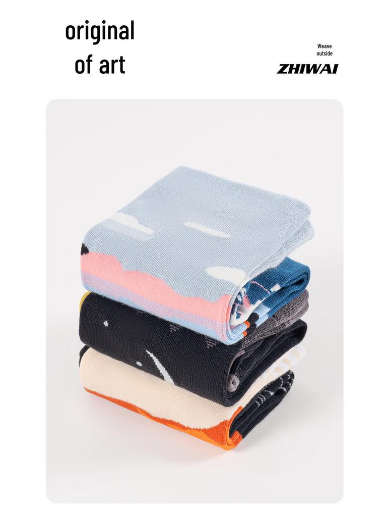 Ręcznie Malowane Męskie Skarpety w Krajobraz - Modne, Oddychające, Odprowadzające Wilgoć, Bawełniane do Połowy Łydki na Wiosnę/Jesień