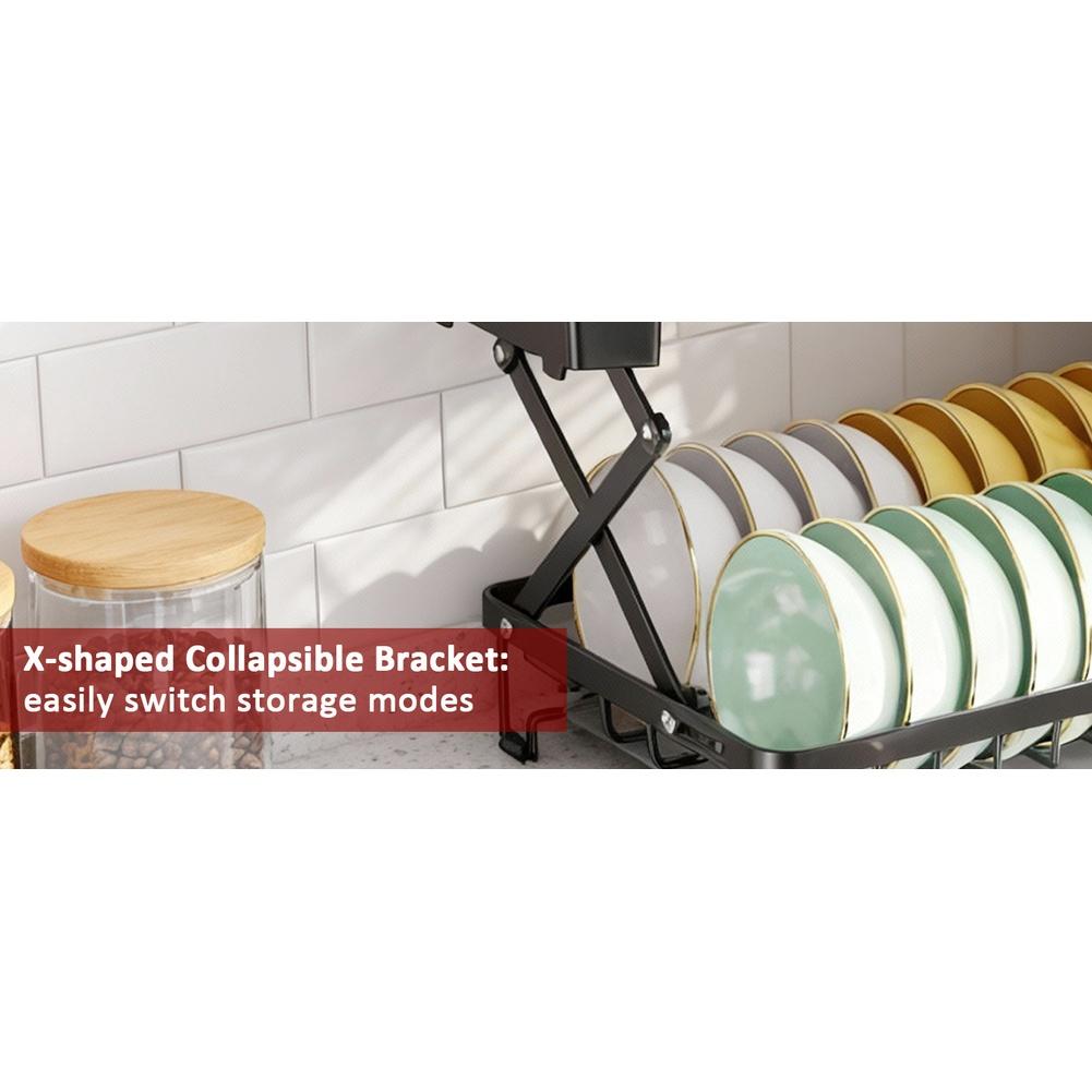 Foldable 2 Tier Stainless Steel Kitchen Dish Rack With Utensil Holder And Non-Slip Base For Countertop Storage