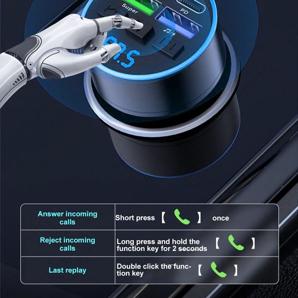 Car FM Transmitter Handsfree Car AUX Radio Modulator MP3 Player with Volt display 66W Dual PD Type-C USB Super Fast Charge