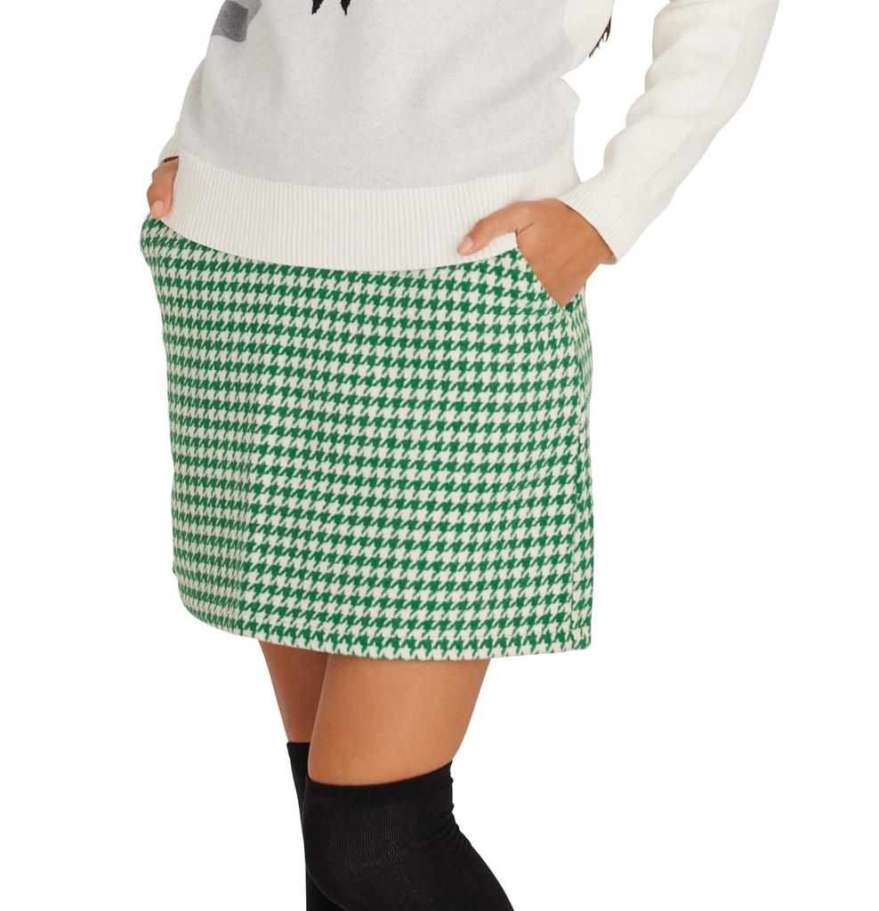 Delsol 7848 Green Houndstooth Fabric Golf Side Brushed Sizes LL Skirt, Fall/Winter, Women's Wear, Zipper, Lined, Outer, M, L, (LL)