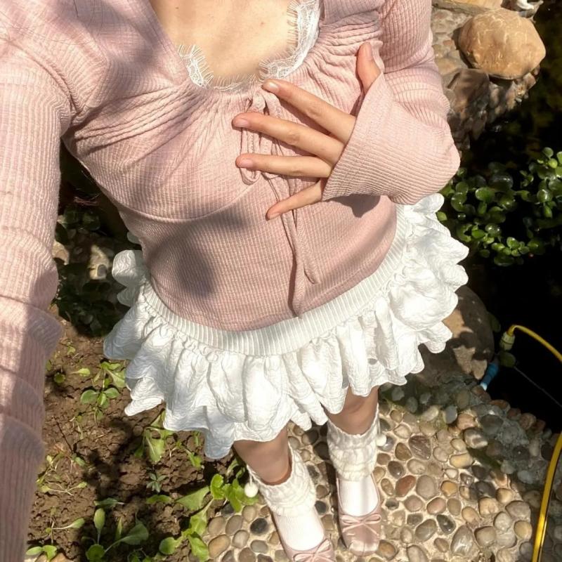 Kawaii Lolita Rok Shorts Vrouwen Zomer Ruches Patchwork Gelaagd Hoge Taille Schattig Balletcore Minirok Tutu Onderrok