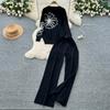 Herbst Winter Damen Blumenstickerei Strickpullover Hose Zweiteiler Langarm Pullover Oberteile und Weitbein Hose Trainingsanzug
