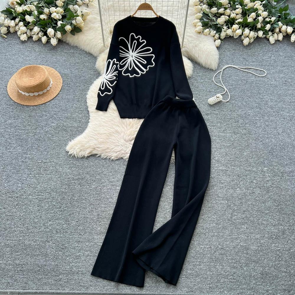 Herbst Winter Damen Blumenstickerei Strickpullover Hose Zweiteiler Langarm Pullover Oberteile und Weitbein Hose Trainingsanzug