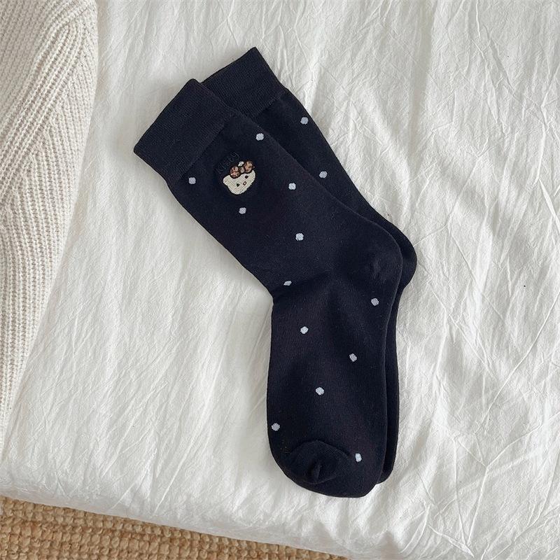 

Cute Cat Embroidered Polka Dot Socks Girls Korean Cartoon Internet Celebrity Mid-Leg Socks Pure Cotton Pile Socks One size fits all