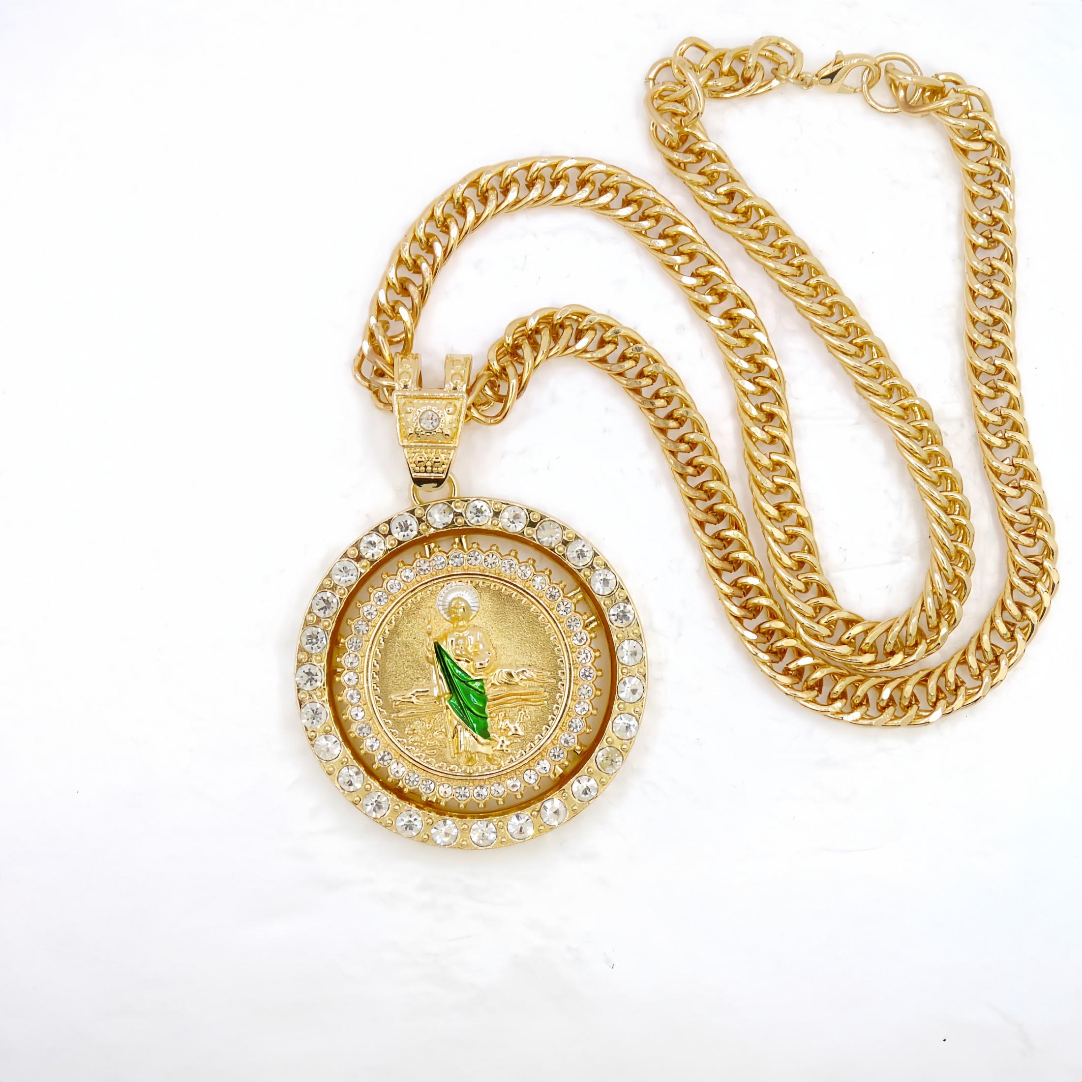 

Позолочений 14-каратним золотом St. Кулон-монета Юди Діви Марії з колесом, що обертається, у хіп-хоп стилі, кубинський ланцюжок, циркон