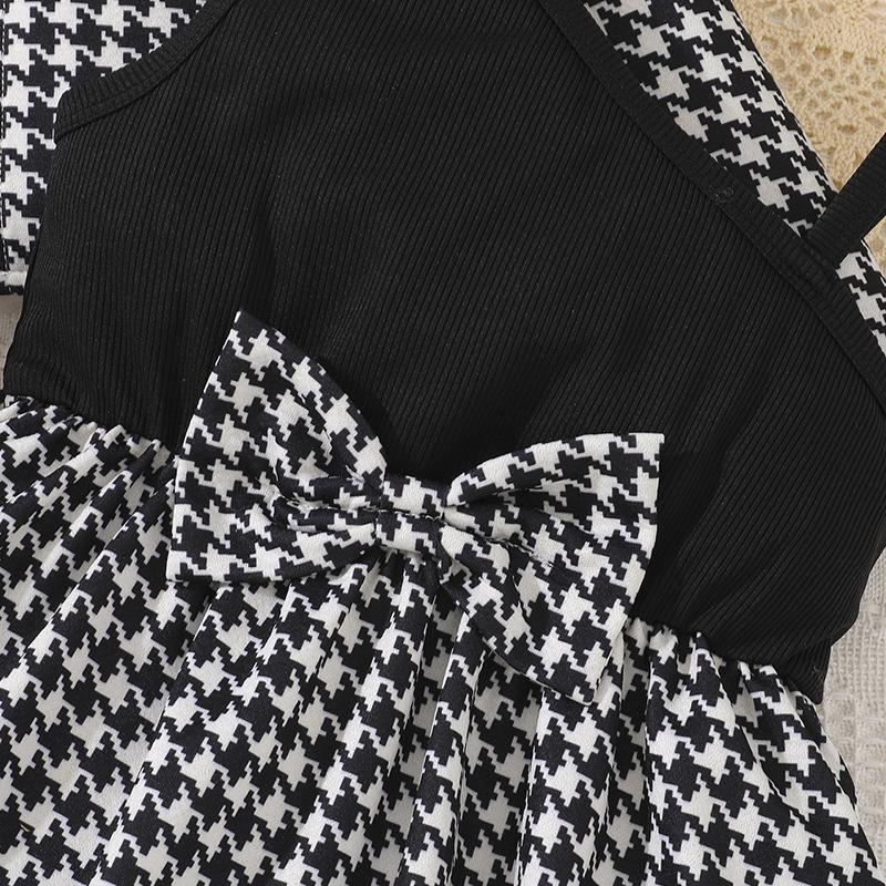 Girls' Houndstooth Two-Piece Set: Long-Sleeve Jacket with Bow A-Line Skirt