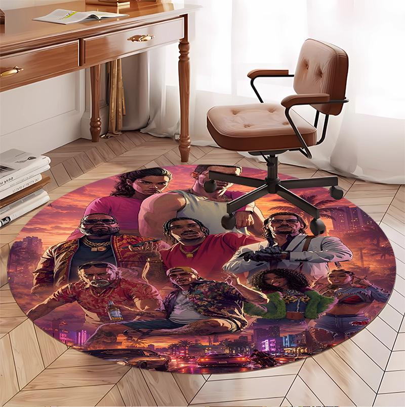 Grand Theft Auto VI Pattern Round Rug, Indoor/Outdoor Mat, for Picnic, Gameroom, Bedroom, Office, Living Room, Home Decor Carpet, Birthday Gift