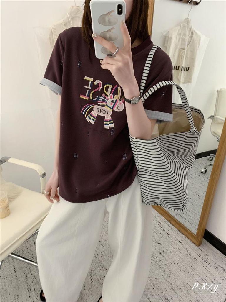 2026 Korean Style Embroidered Cartoon Letter Women's Loose Cotton T-Shirt, Casual Short Sleeve Top for Spring/Summer.