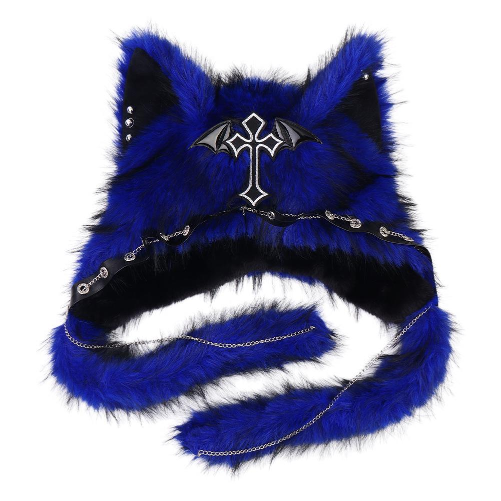 Gothic Dark Style Plush Cat Ear Hat, Punk Rock Warm Winter Hat, Trendy Thermal Headwear for Women