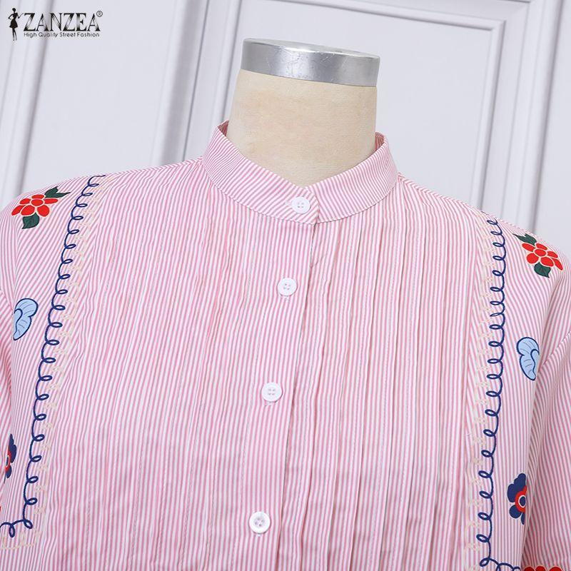 ZANZEA Summer Women Casual Stand Collar Print Short Sleeve Long Dress