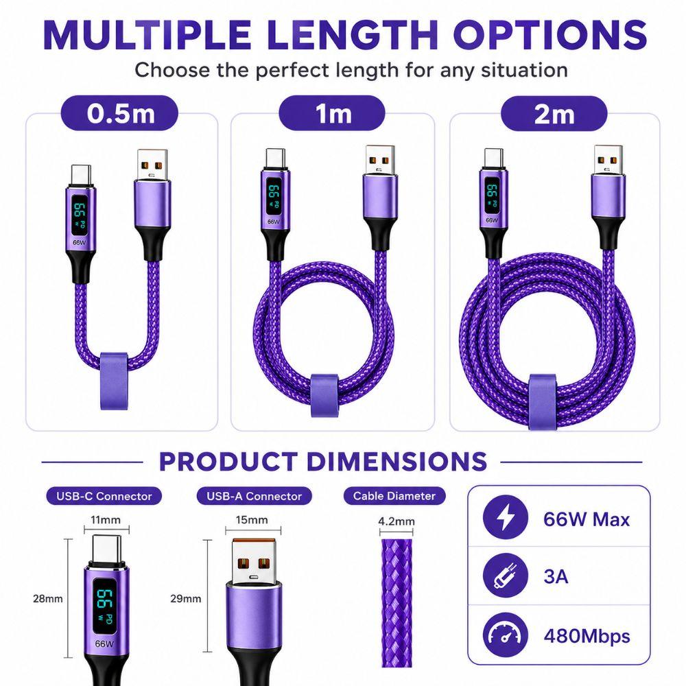 Real-Time Display USB-A To USB-C Cable 66W Fast Charging Data Cable Laptop Charging