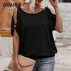 Plus Size Women's Summer Sexy Round Neck Off The Shoulder Lace Up Hollow Out Short Sleeve Top