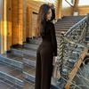 Y24ST593 Women's Casual Solid Color Round Neck Long Sleeve Top and Wide Leg Pants Set for Spring and Autumn