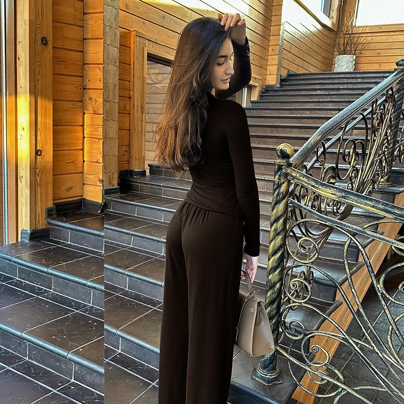 Y24ST593 Women's Casual Solid Color Round Neck Long Sleeve Top and Wide Leg Pants Set for Spring and Autumn