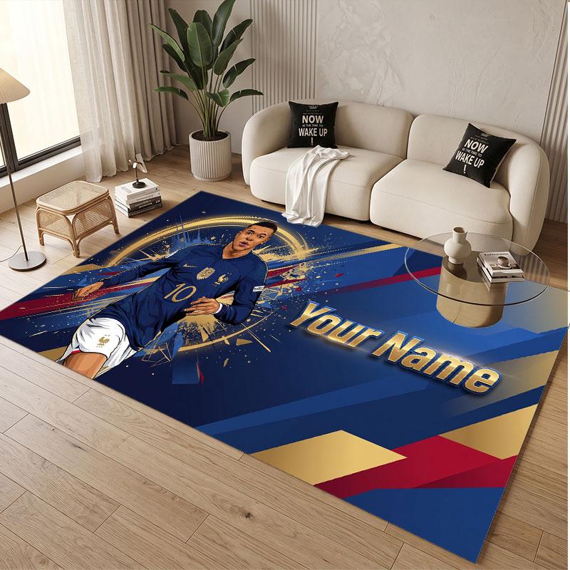 Custom Rug Kylian Mbappe Pattern Print Name Text Soft Non‑Slip Floor Carpet for Home Indoor Decoration