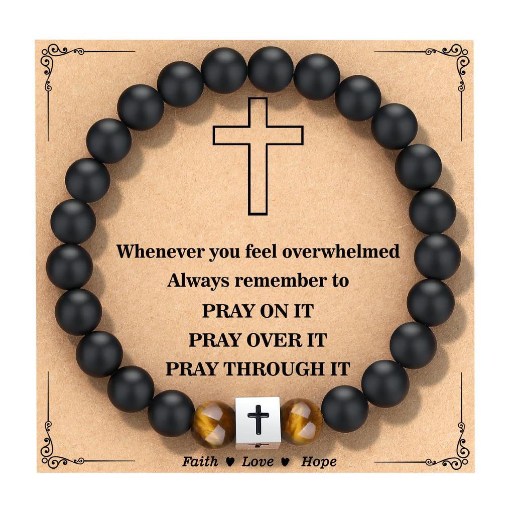 Black Matte Stone & Tiger Eye Square Cross Pendant Bracelet
