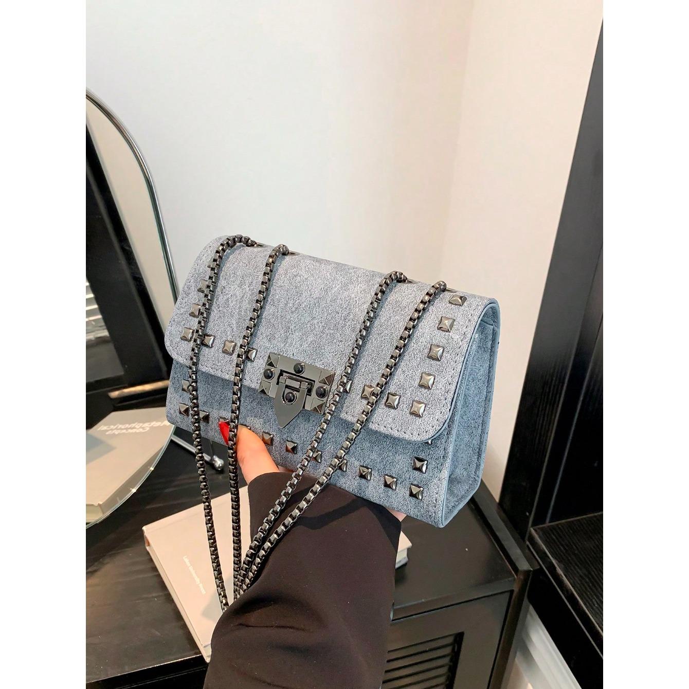 

1 шт., винтажная модная ковбойская мини-квадратная сумка, украшение с заклепками, фурнитура, замок, клапан, металлическая цепочка, сумка на плечо, подходит