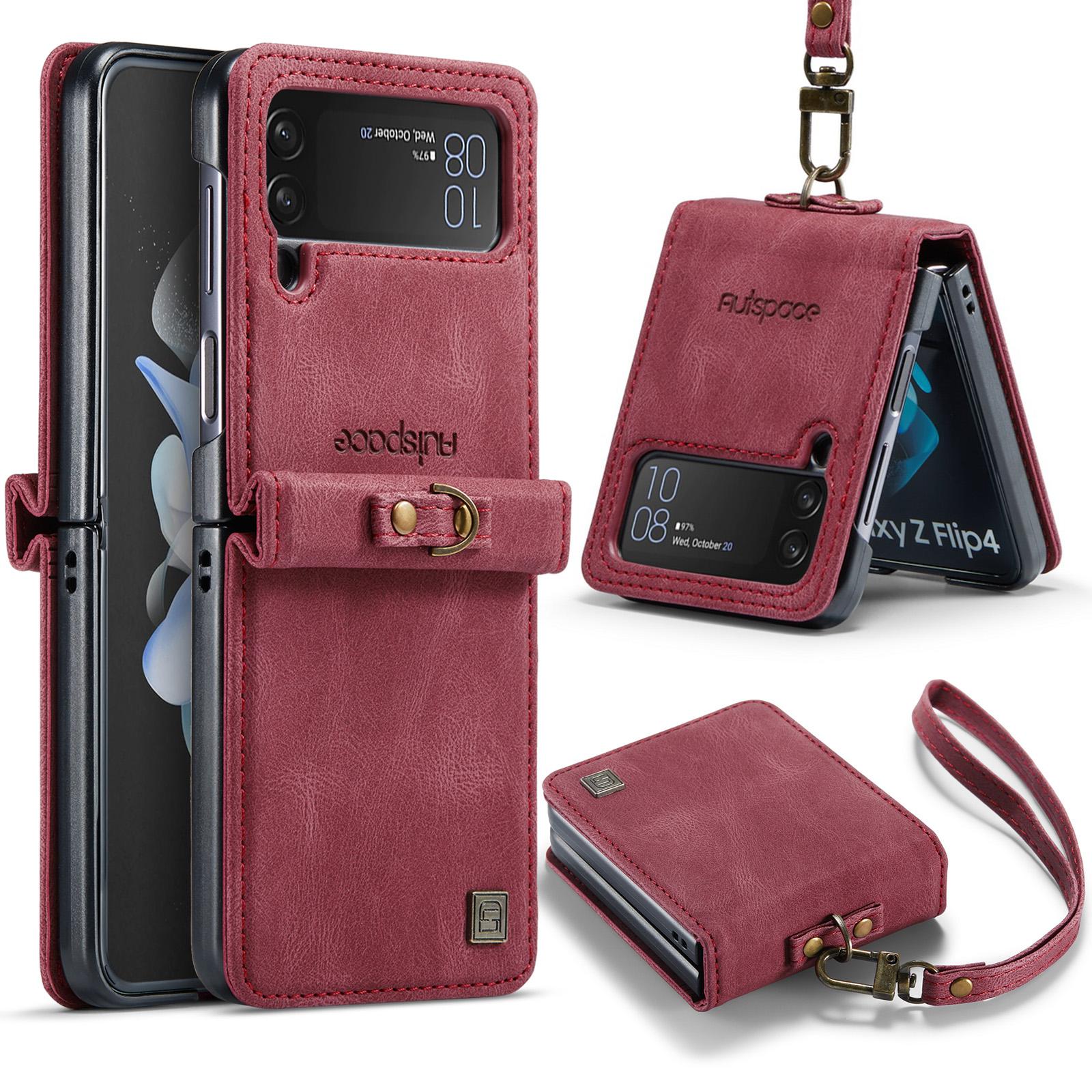 

Folio Case for Samsung Galaxy Z Flip 7 FE 6 4 5 5G Vintage Ultra Slim PU Leather Wrist Strap Hard PC Back Phone Skin Cover Coque Samsung Z Flip 7 FE&Case & Strap червоний