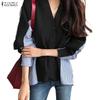 ZANZEA Women Casual V-Neck Long Sleeve Patchwork Blouse