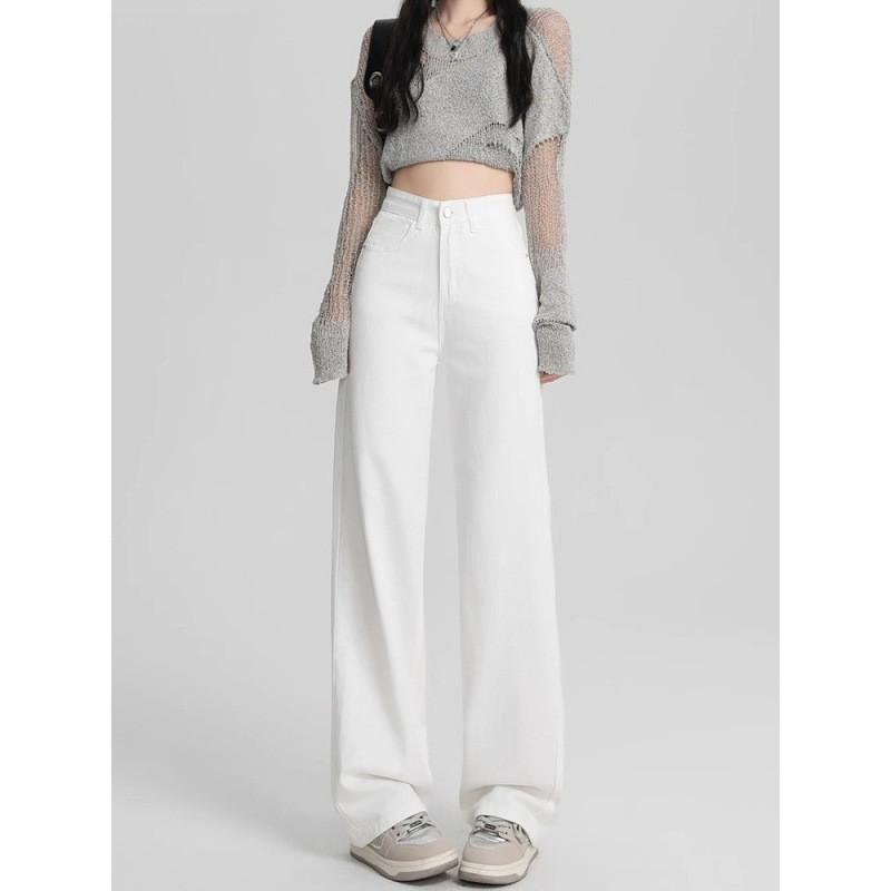 Womens High-Waisted Wide-Leg Straight Jeans Lightweight Cotton Blend Loose Fit Petite