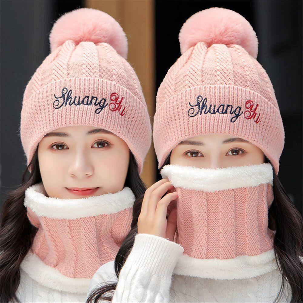 

Women Female Plus Velvet Windproof Hat Scarf Set Cycling Cap Knitted Beanies Caps