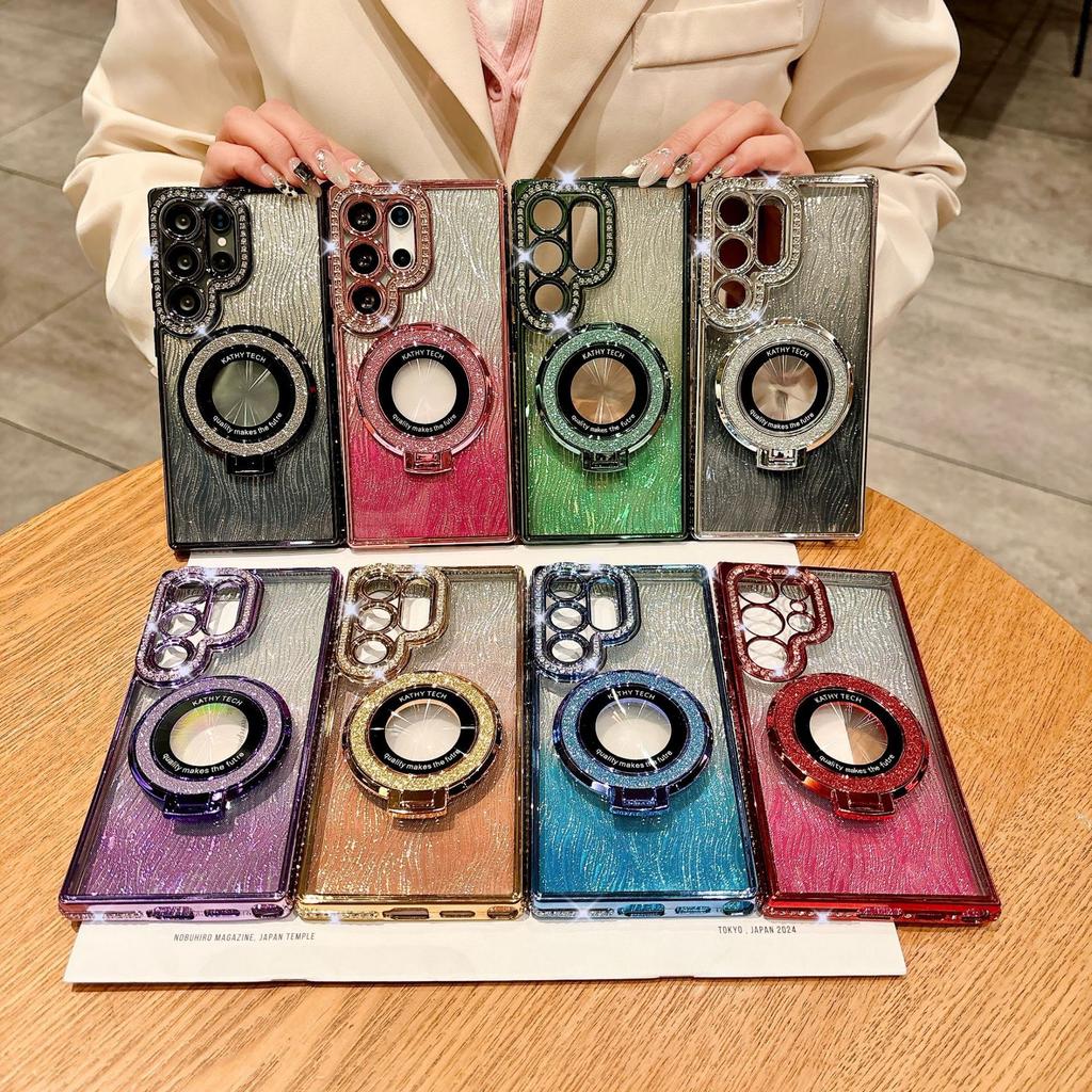 Rhinestone Gradient Shimmer Powder Water Ripples Suitable for Samsung S25 Ultra Mobile Phone Case Magnetic Suction Bracket S24P Electroplating A06