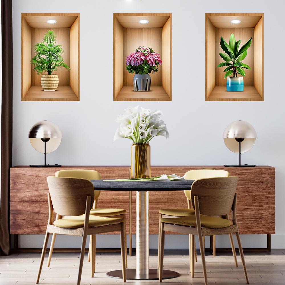 Wei Mo Xiang Green Plant Three-Panel Self-Adhesive Decorative Wall Sticker for Home & Hotel