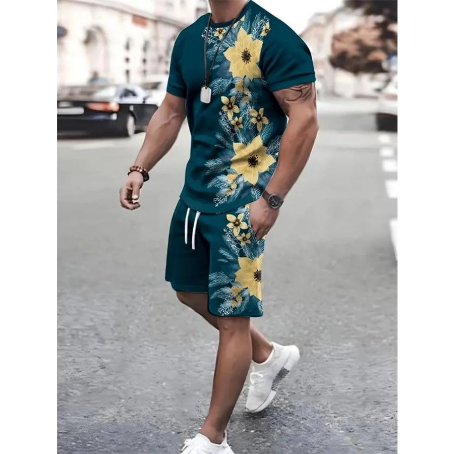 Summer Men's Sailor Short Sleeve Set Anchor Print Pattern Short Sleeve Shorts Set Men's Crew Neck T-Shirt and Drawstring Shorts