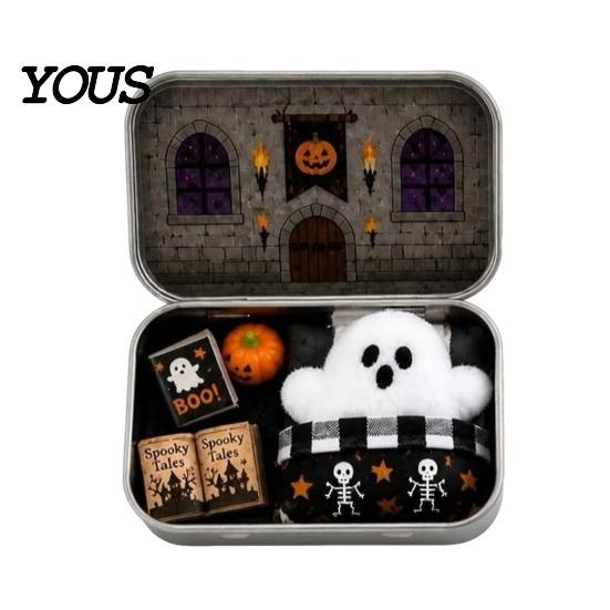 Kids Halloween Party Favor Mini Ghost Tin Box Set, Little Pocket Cute In A Box, Soft Plush Figurine Miniature Scene Spooky Desktop Decor, Gifts