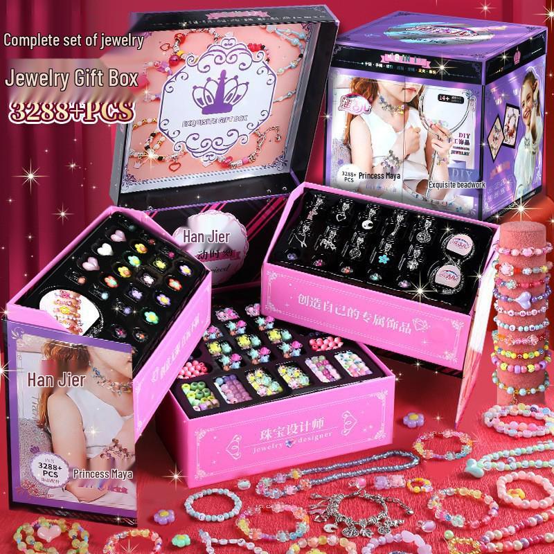 Colorful Beaded Jewelry Set for Girls - Necklace, Bracelet & Hair Accessories Gift Box