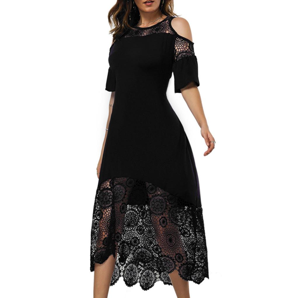 Women's Solid Color Lace Stitching Off-shoulder Short-sleeve  Waist Dress