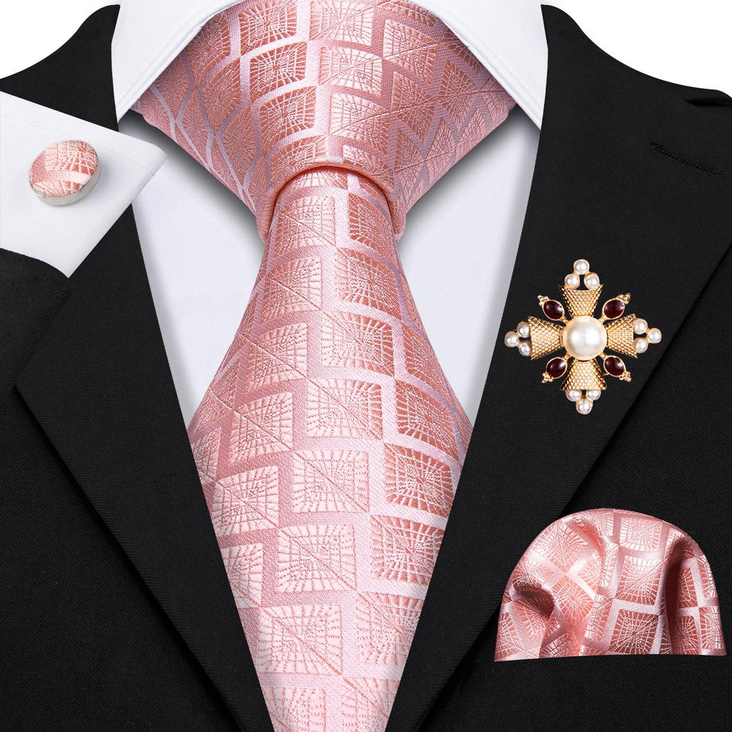 Pearl Brooch with Silk Tie for Men Vintage Floral Teal Necktie Hanky Cufflinks Gift Formal Set