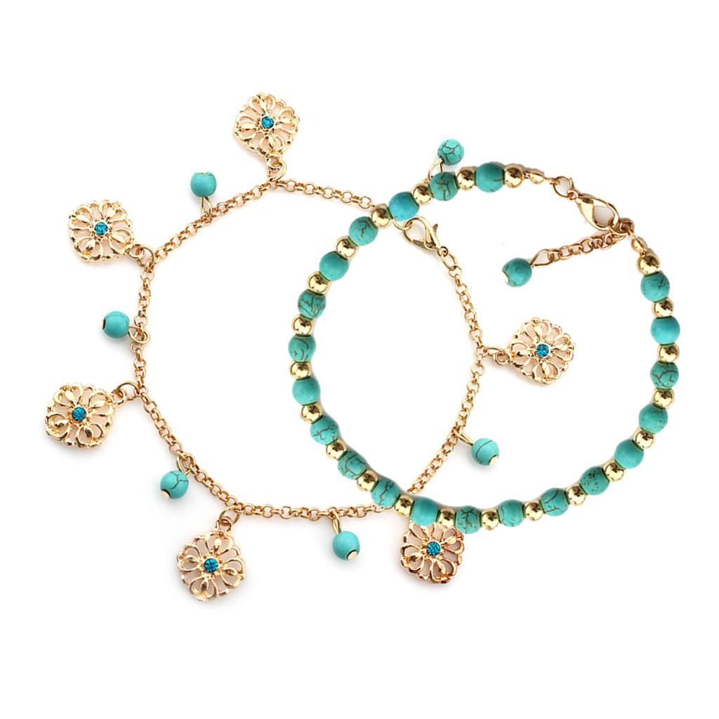 Double Layer Flower Artifical Turquoise Beads Women Ankle Bracelet Barefoot Sandal Beach Sea Foot