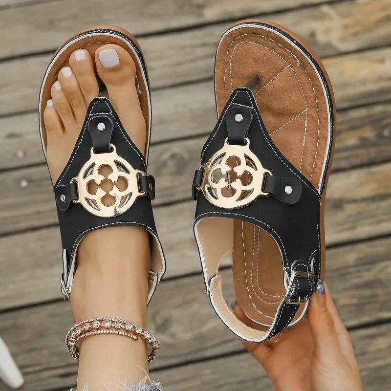 Fashion Women's Sandals Wedge Heel One-line Buckle Metal Decoration Women's Shoes Leisure Roman Retro 4.5cm Heel High Sandalias De Mujer