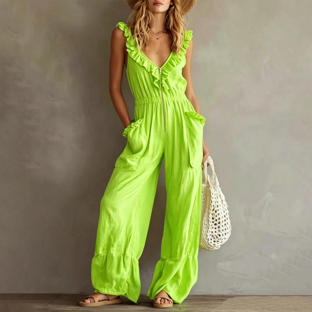 Women's Sleeveless V Neck Jumpsuit with Zipper Front Pockets Ruffle Details Wide Leg Casual Vintage Style Romper