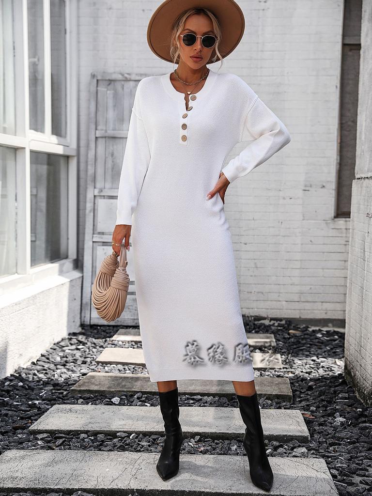 Autumn and winter new European and American button-knitted sweater dress fashion temperament commuter women's sweater women