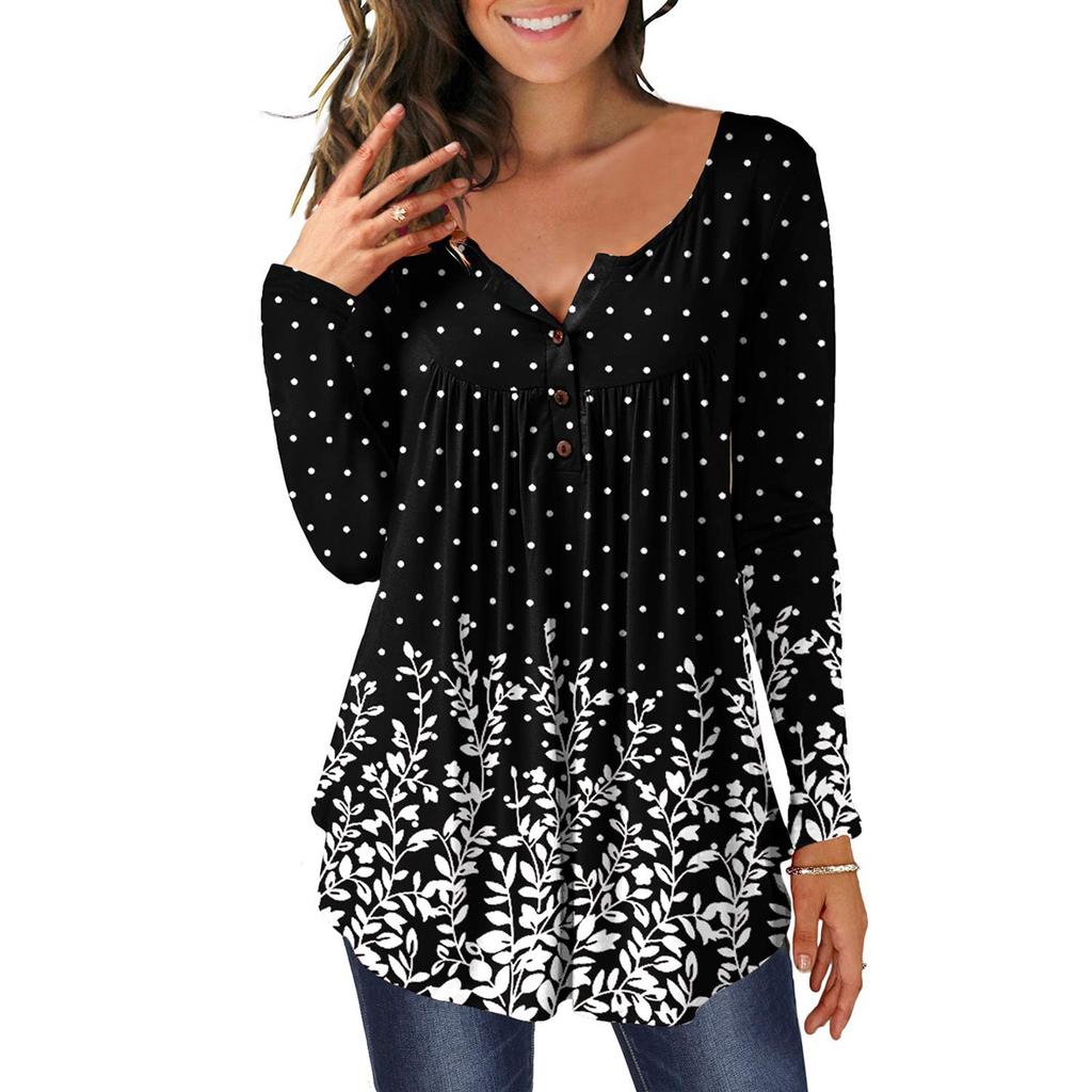 Modisches Damen-Oberteil mit Rundhalsausschnitt, bedruckten Knöpfen, langen Ärmeln und asymmetrischem Saum