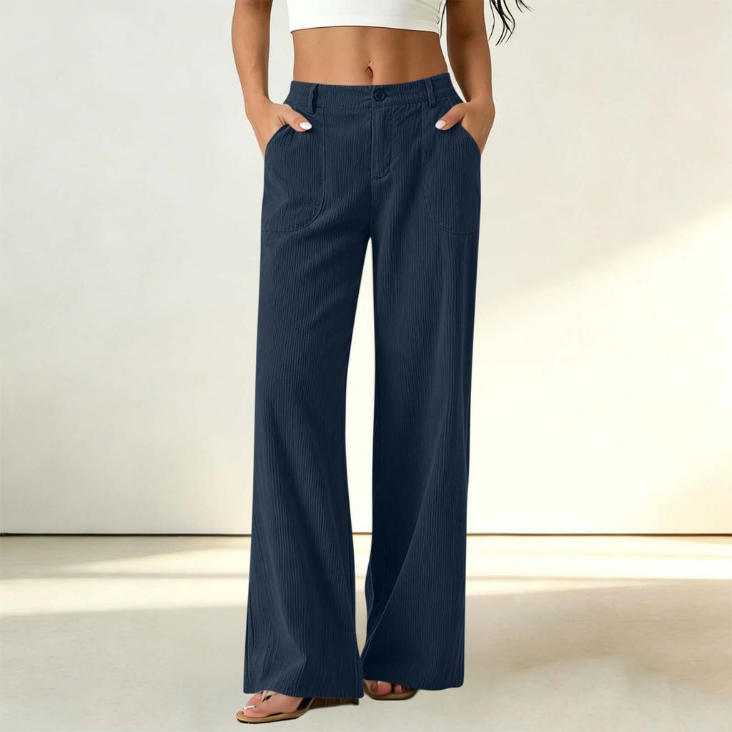 Women's Corduroy Dress Pants with Elastic Waist and Single Button Closure, Color Work Trousers