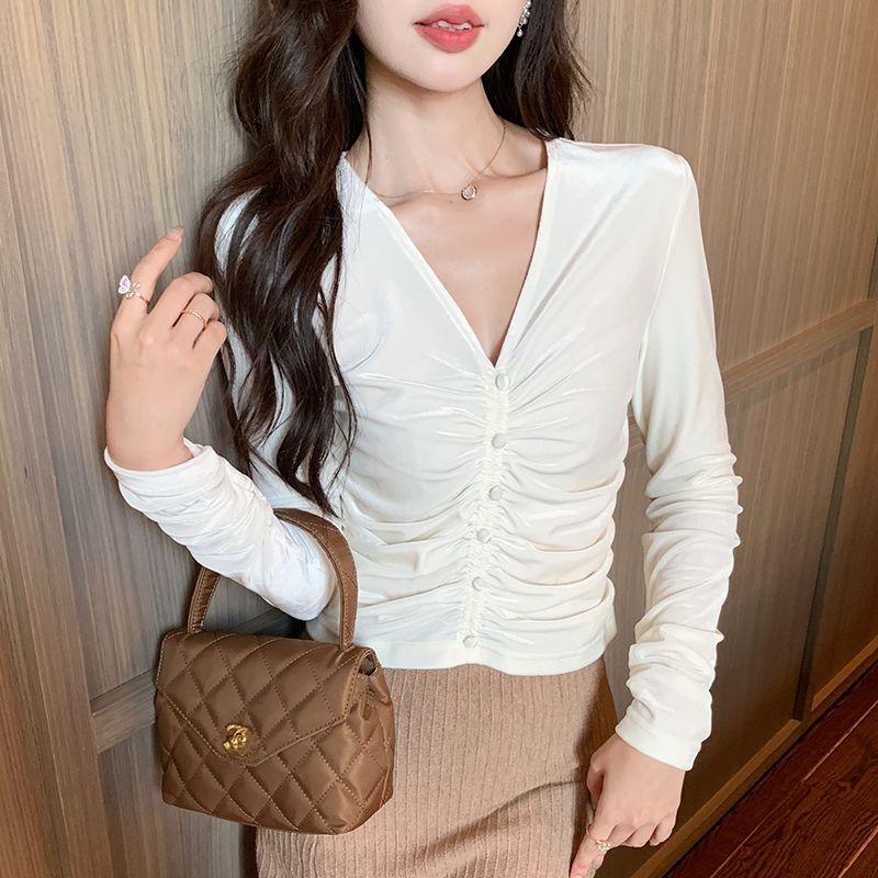 Small Fall and Winter New Arrival Fashion Commute Slim-Fit Easiest for Match V Neck Ruched Pleuche Long Sleeve T-shirt Bottoming Shirt