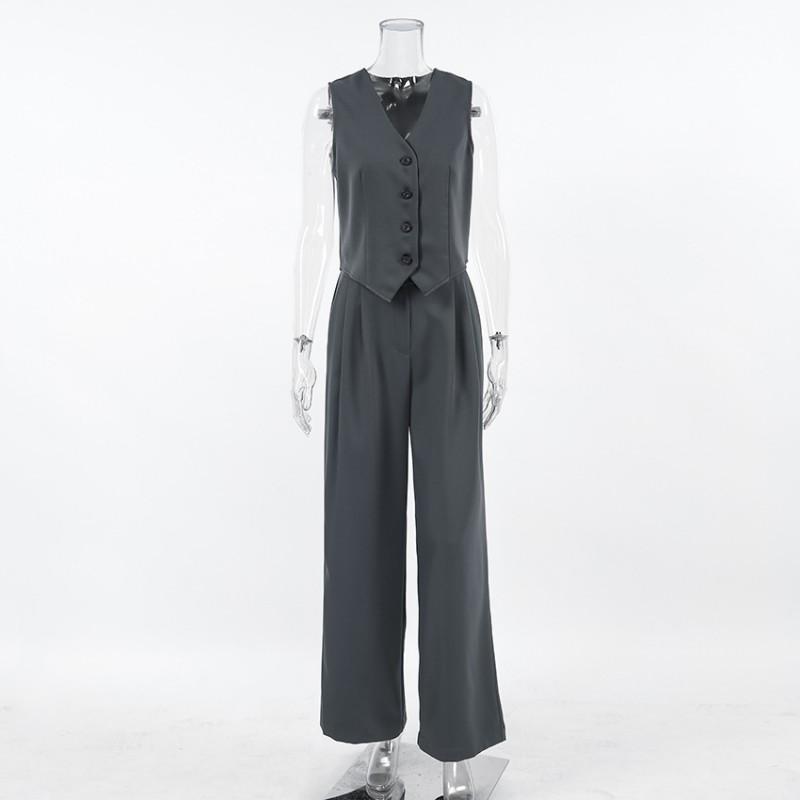 Womens 2026 Business Casual 2-Piece Set Sleeveless Blazer Vest Long Pants Solid Color Office Wear