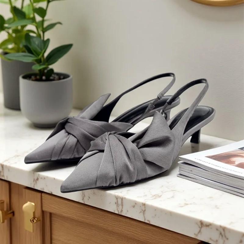 Fashion Elegant Gray Kitten Heel Slingback Strap Pumps Women Sexy Pointed Toe Satin Knot Heeled Sandals Fashion Office Designer Shoes