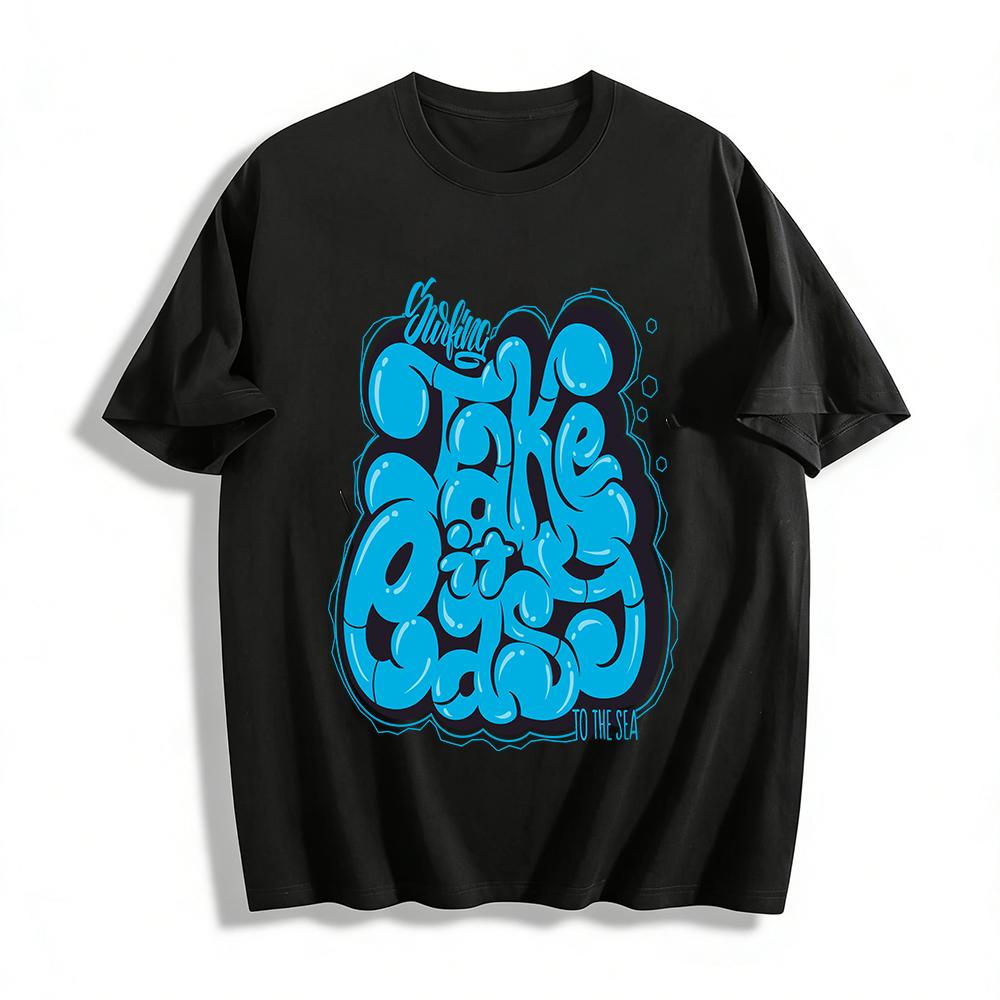 

Surfing Graffiti Print Casual Tee Take It Easy To The Sea Pure cotton T-shirt XXS