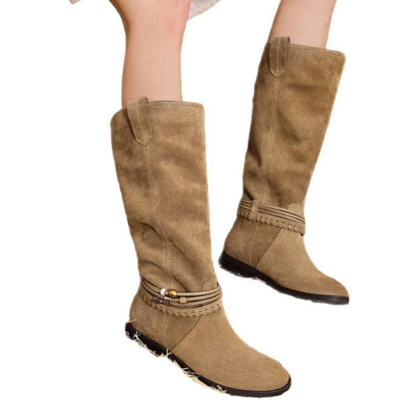 Cowhide Actress Suede Pastoral Boots Women's Boots Long Boots Pleated Pile Knight Boots