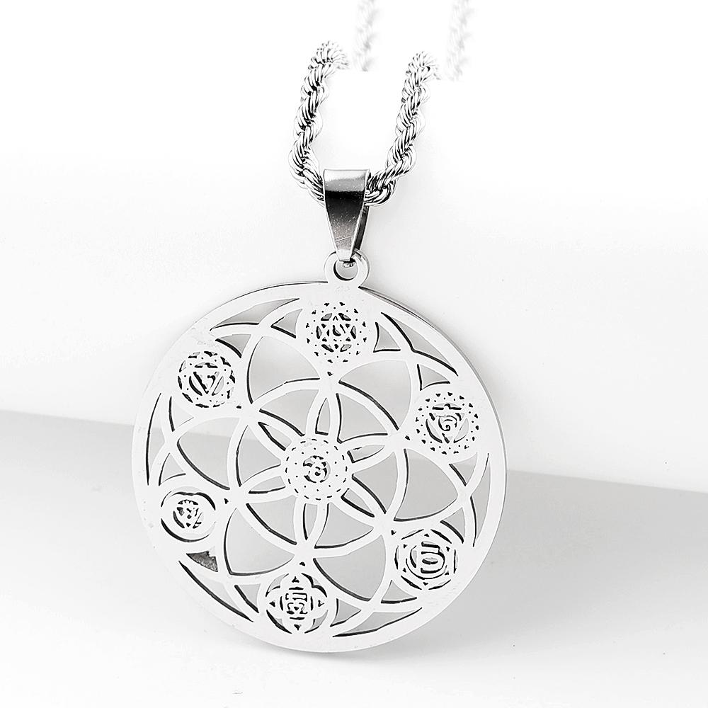 Yoga Flower of Life 7 Chakras OM Stainless Steel Mandala Necklace for Women Men Sacred Geometry Spiritual Healing Chain Jewelry