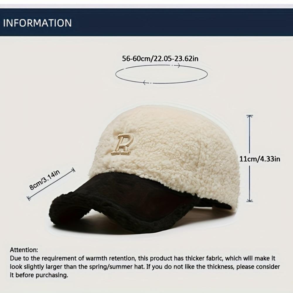 Classic Letter R Embroidery Baseball Cap Color Block Coldproof Warm Dad Hats Plush Adjustable Sun Hat for Women Autumn & Winter