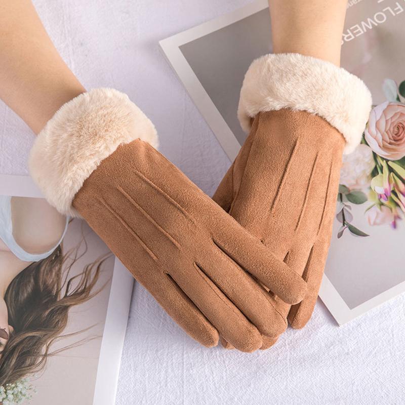 1Pair Touch Screen Winter Fleece Suede Soft Women Warm Gloves Ladies Fur Lined Thermal