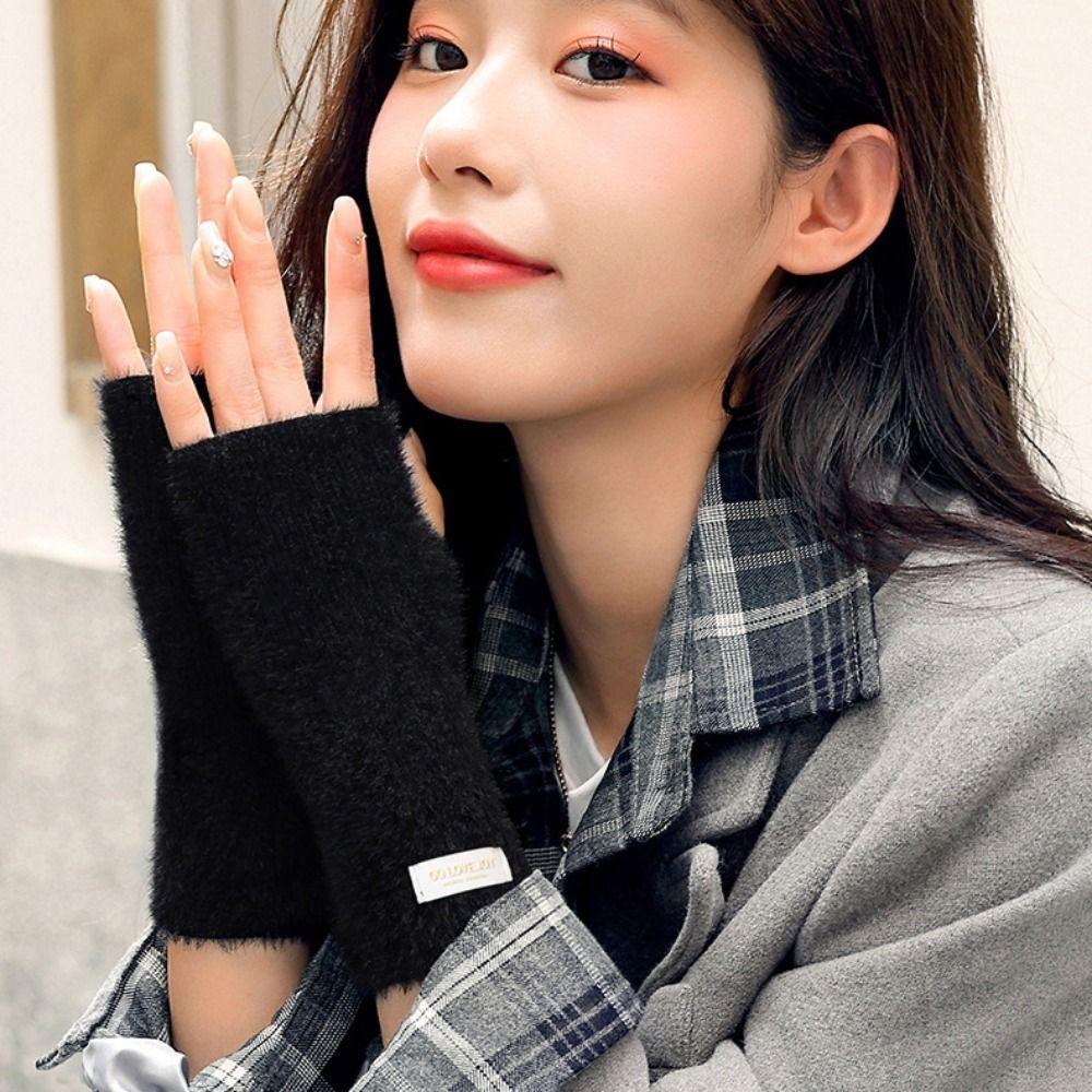 Winter Knitted Driving  Half Finger Gloves Faux Mink Wrist Arm Warmer Women Mittens